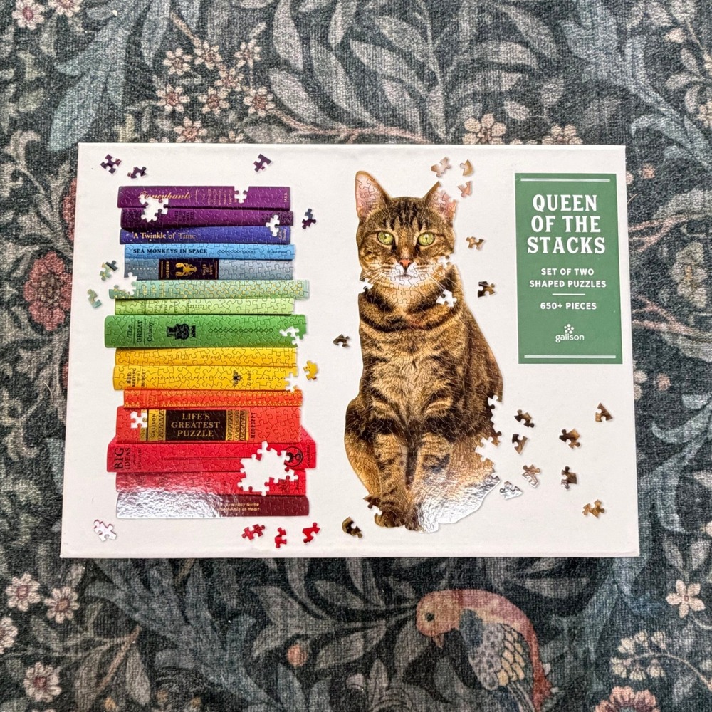 Galison Queen of the Stacks 650+ Piece Set of 2 Shaped Puzzles Cat Books 60136